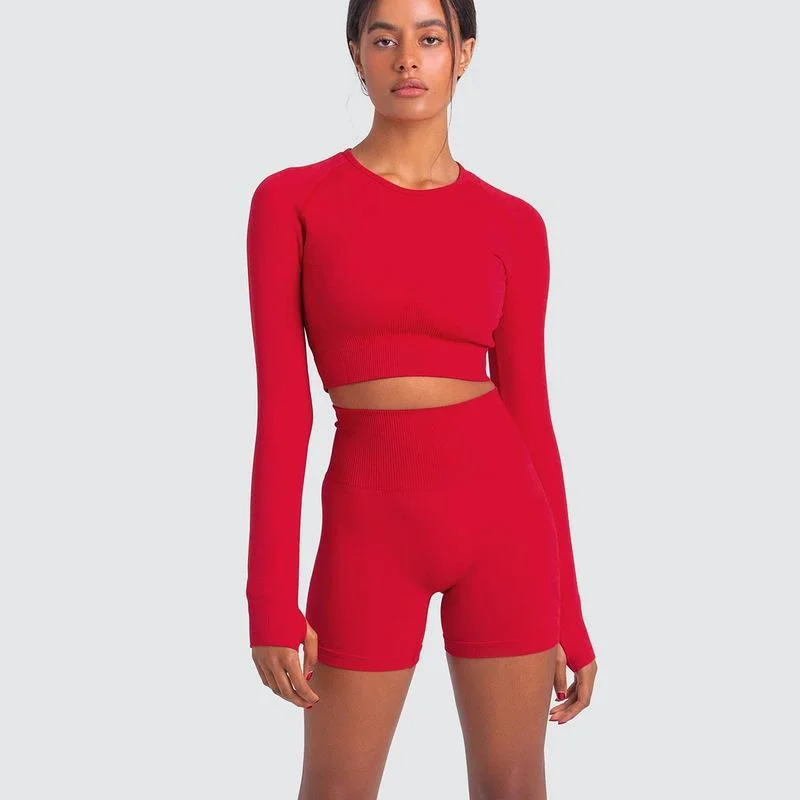 Long Sleeve Shorts Suit-Red