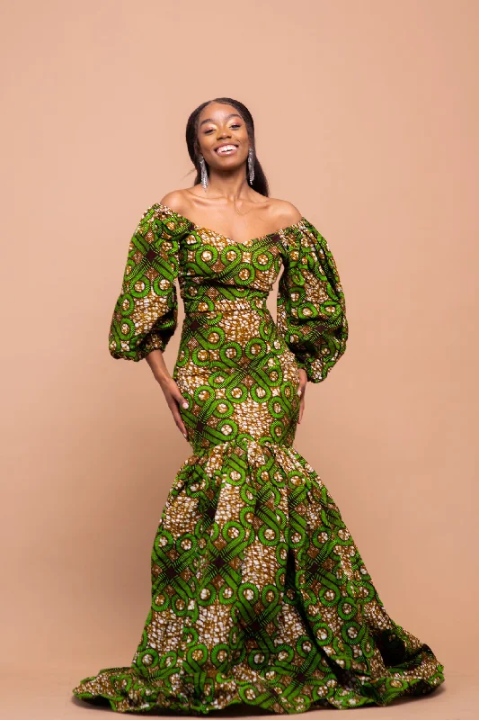 Simple Looks Hauwa Ankara Maxi Dress | Green and Brown African Print