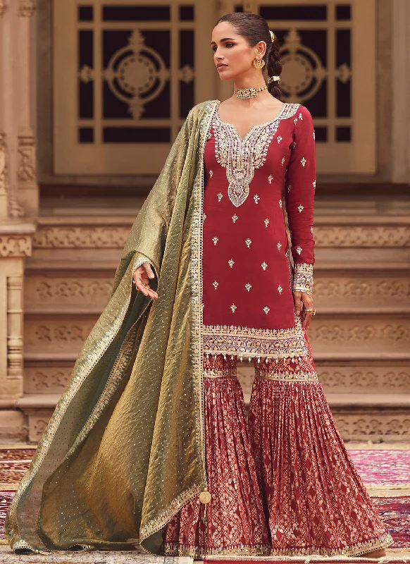 Sporty Wear Maroon Embroidered Crepe Gharara Suit