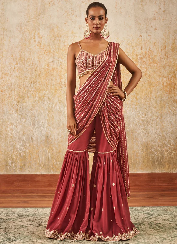 Comfortable Tops Dusty Wine Embroidered Gharara Style Saree