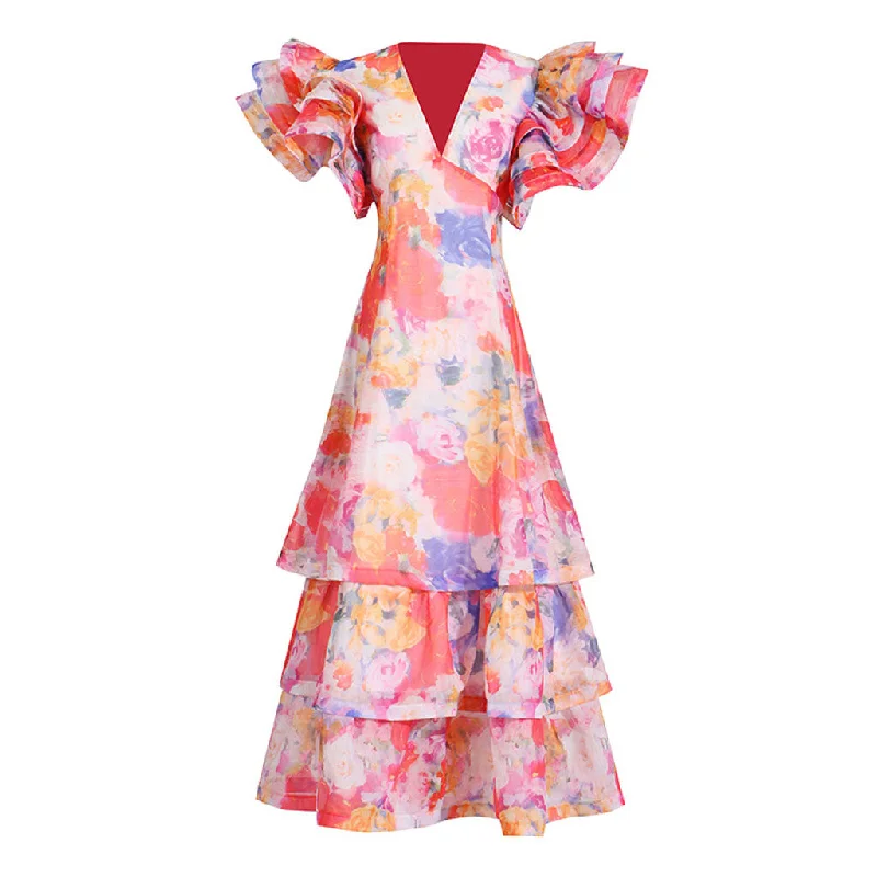 Breezy Comfort Bohemian Floral Print V Neck Ruffle Tiered Sleeve A Line Vacation Maxi Dress
