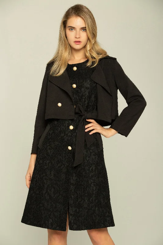 Cozy Fashion Trends Black Full Sleeves Asymmetrical Cropped Blazer with Little Black Dress Set
