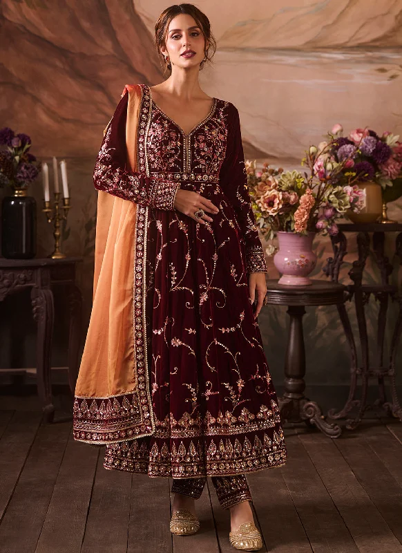 Casual Chic Looks Maroon Embroidered Velvet Anarkali