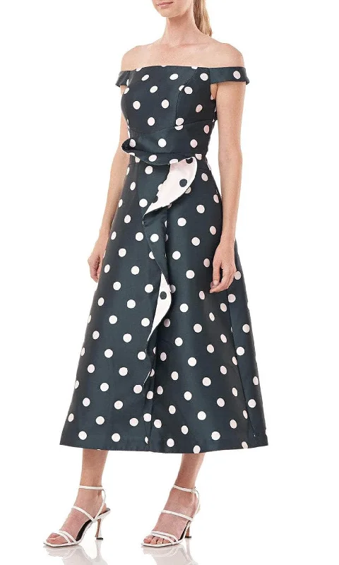 Comfortable Jeans Kay Unger 5517419 - Off-Shoulder Polka Dot Printed Tea-Length Dress