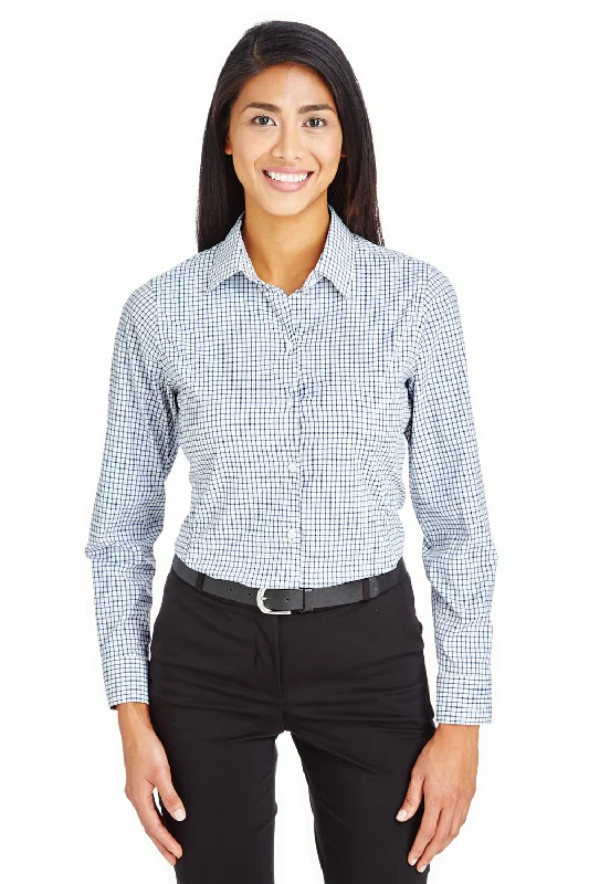 Light Comfort Devon & Jones Womens CrownLux Performance Moisture Wicking Long Sleeve Button Down Shirt - Navy Blue/White