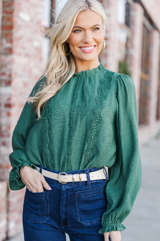 Easy Chic Wish You Were Here Emerald Green Crochet L/S Blouse