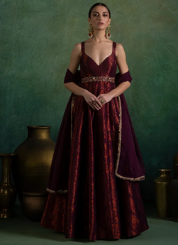 Comfortable Jeans Wine Embroidered Brocade Anarkali