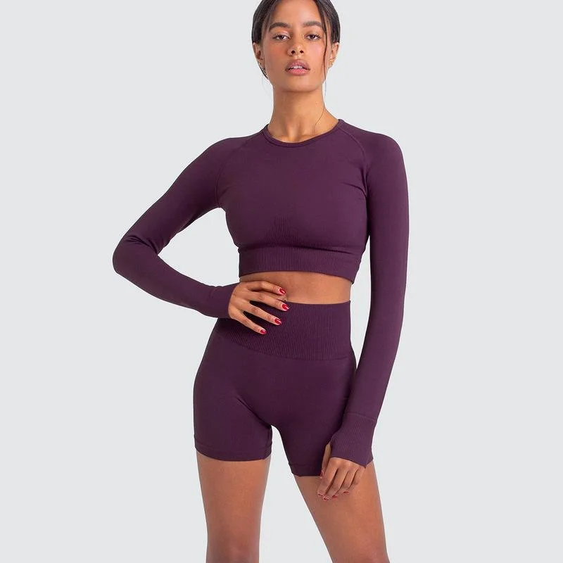 Long Sleeve Shorts Suit-Purplish Red