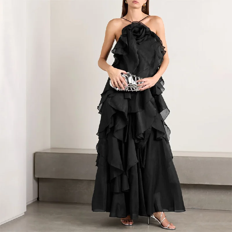 Sporty Comfort Ethereal Chiffon Rosette Tiered Ruffle Tie Backless Vacation Maxi Dress