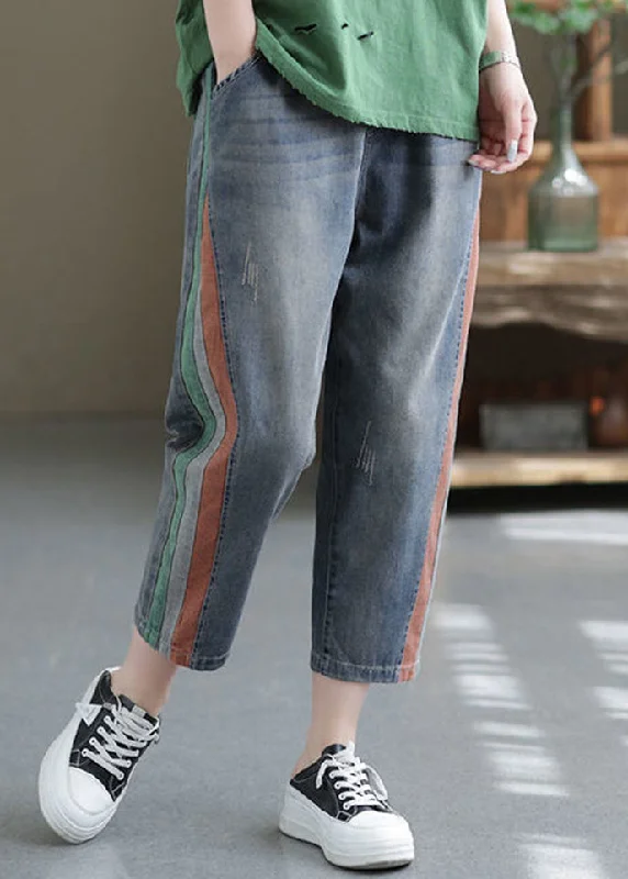 Cozy Chic Wear Women Blue Pockets Elastic Waist Denim Crop Pants Summer
