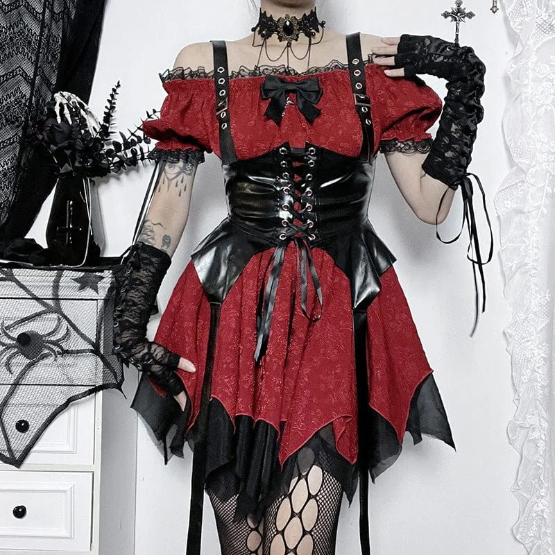 Relaxed Fit Wear Women's Gothic Off Shoulder Puff Sleeved Multi-layer Short Dress