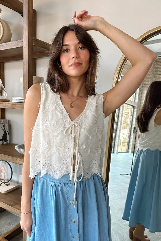 Timeless Outfits Presley Off White Eyelet Scallop Tie Tank