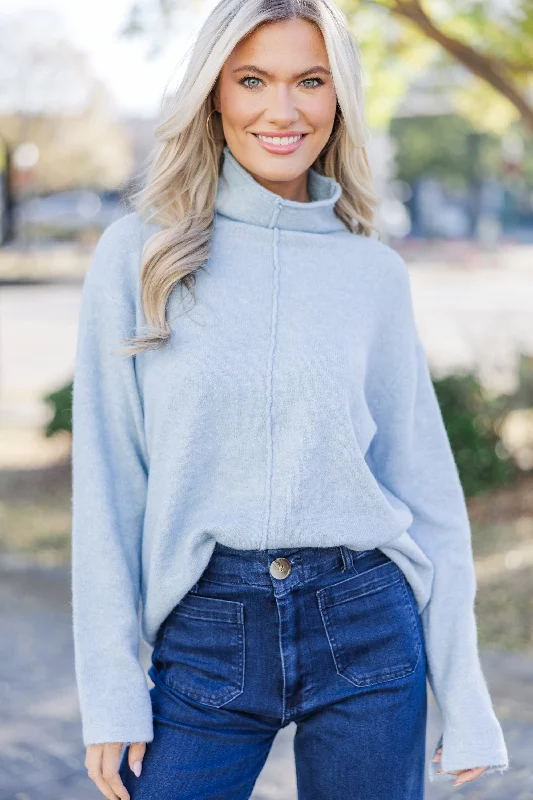 Stylish Casuals Hear It All Light Blue Mock Neck Sweater