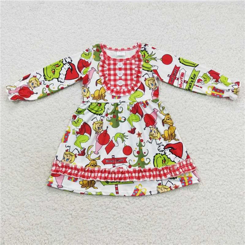 Soft Knitwear GLD0279  Baby Girls Dogs Flowers Ruffle Knee Length Dresses