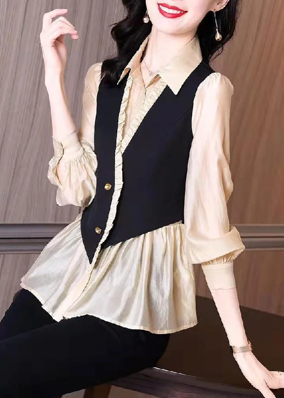 Warm Chic Handmade Stand Collar Ruffled Fake two piece Chiffon Shirts Long Sleeve
