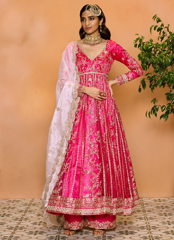 Comfortable Fitwear Pink Embroidered Anarkali Style Palazzo Suit
