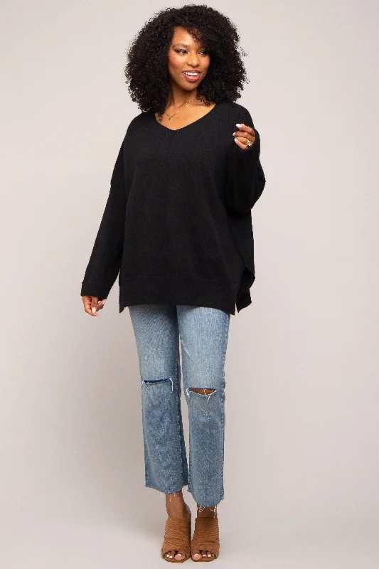 Soft Layers Black Dolman Sleeve Side Slit Sweater