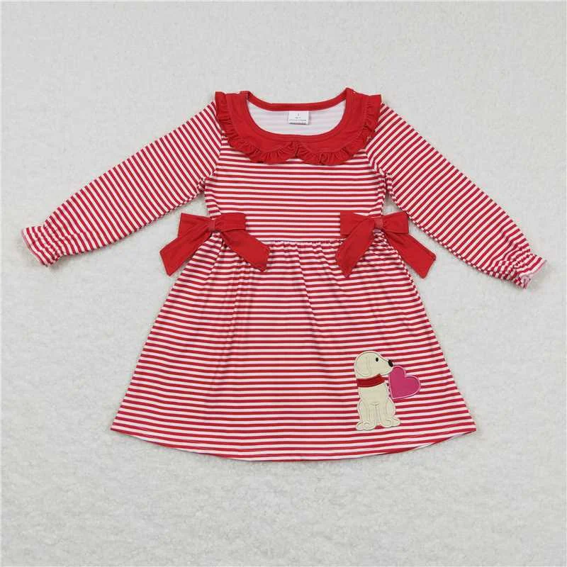 Soft Relaxation Wear GLD0448  Baby Girls Valentines Red Stripes Dogs Bows Knee Length Dresses