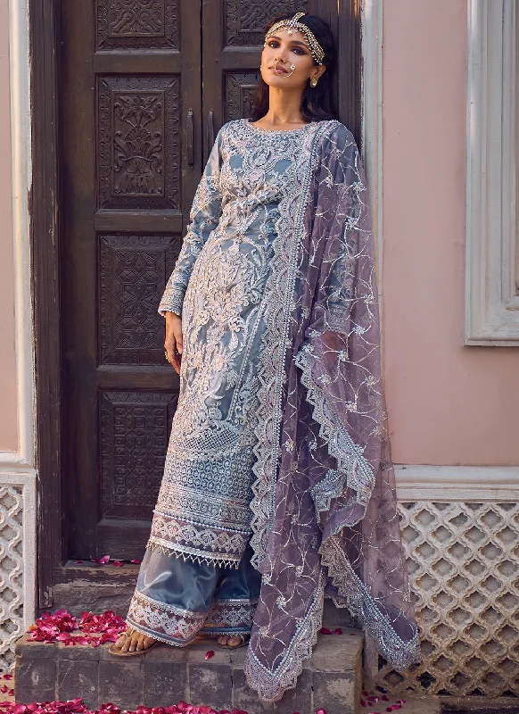 Relaxed Fits Dusty Blue and Purple Embroidered Palazzo Suit
