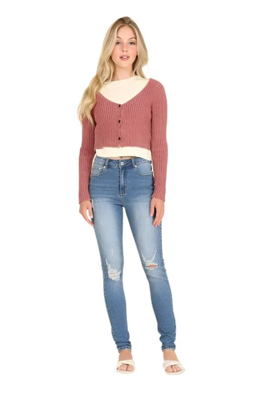 Versatile Casuals Womens Dark Wash Distressed Skinny Jeans