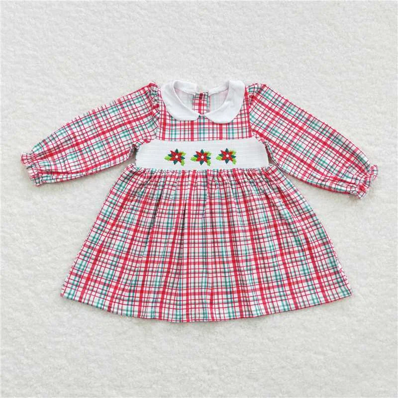 Comfortable Lounge Wear GLD0300  Baby Girls Christmas Leaves Holly Smocked Plaid Dresses