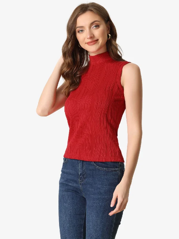 Cozy Chic Wear Sleeveless Fitted Top Mock Neck Textured Ribbed Knit Tank Tops
