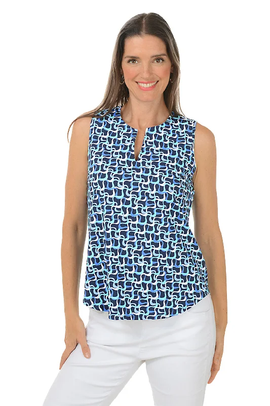 Breezy Comfort Blue Waves UPF50+ Split Neck Sleeveless Top