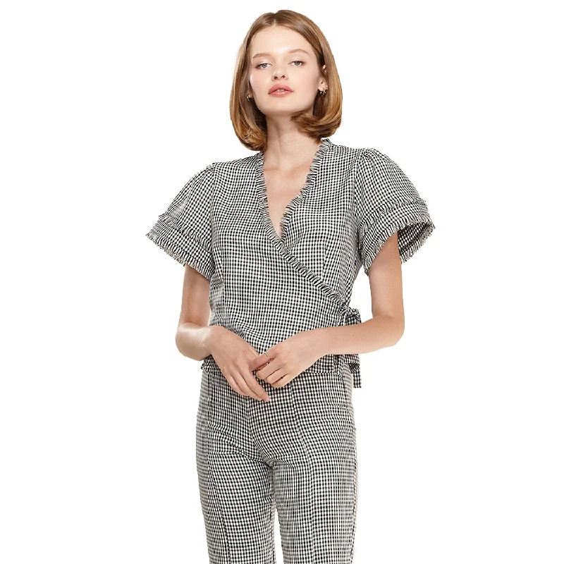 Relaxed Fashion Women's Fringe Trim Gingham Wrap Blouse In Black Gingham