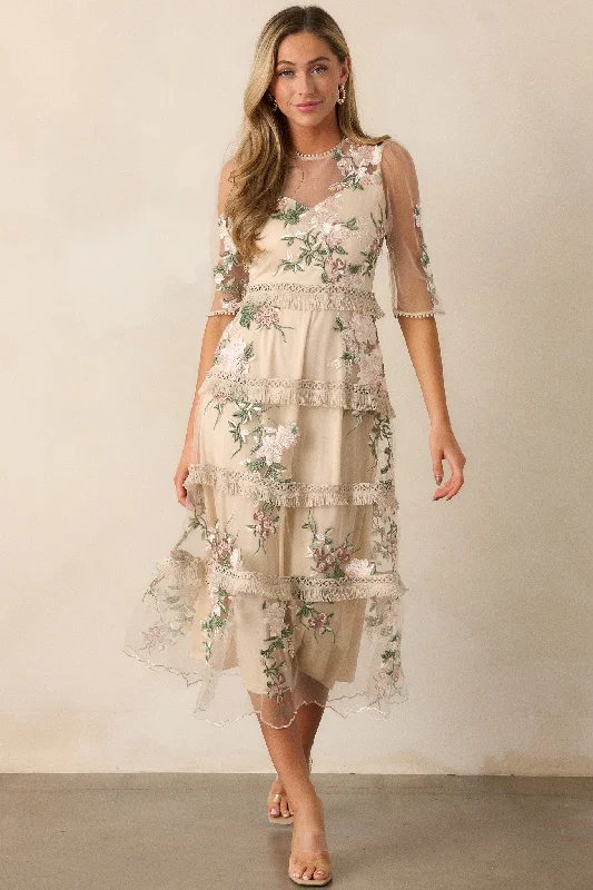 Comfy Layers Honestly Love You Beige Floral Midi Dress
