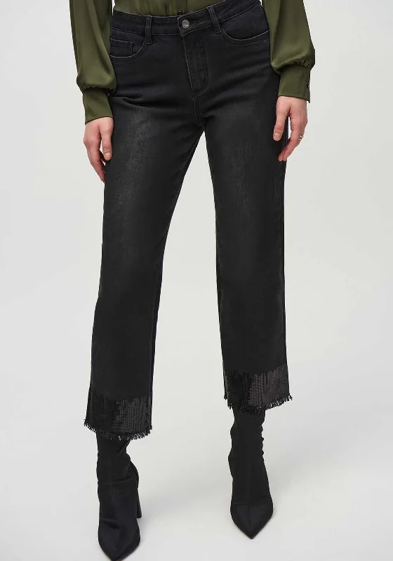 Comfortable Fashion Looks Joseph Ribkoff Sequinned Frayed Hem Cropped Jeans, Black