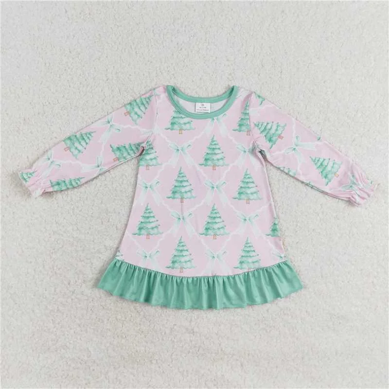 Cozy Fashion Trends GLD0538  Baby Girls Christmas Pink Bows Trees Knee Length Gowns Dresses
