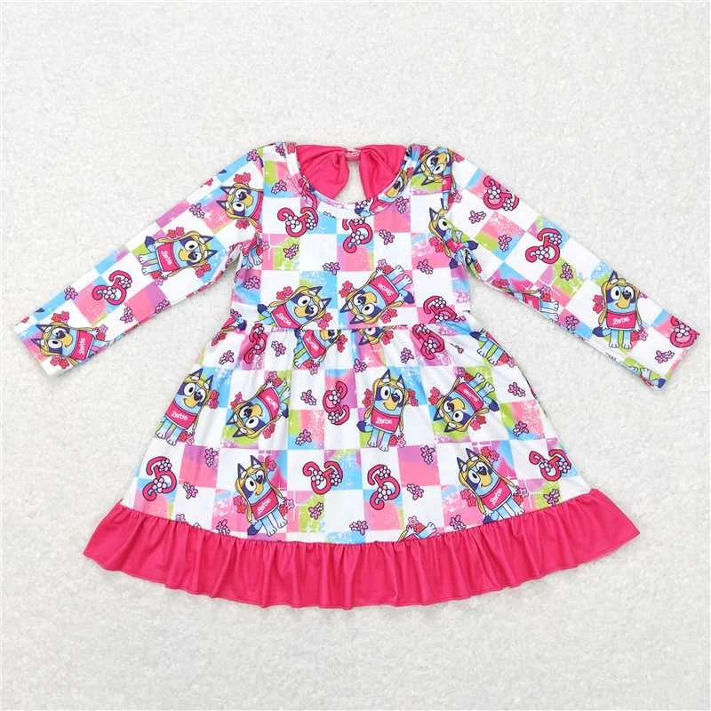 Weekend Comfort GLD0477  Baby Girls Long Sleeve Dog Pink Ruffle Dresses
