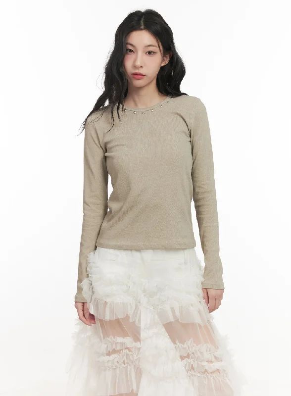 Stylish Casuals Studded-Neck Long-Sleeve Top CF513