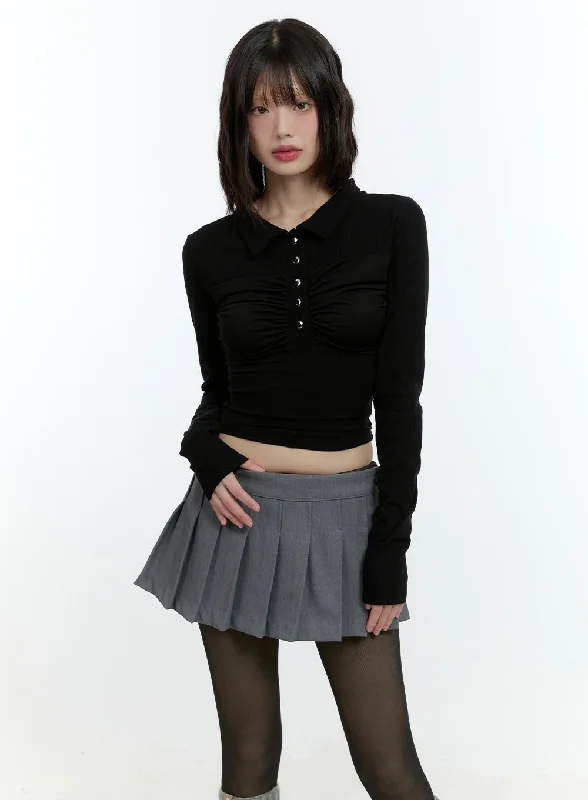 Fashion Comfort Shirring Long-Sleeve Collared Crop Top CF507