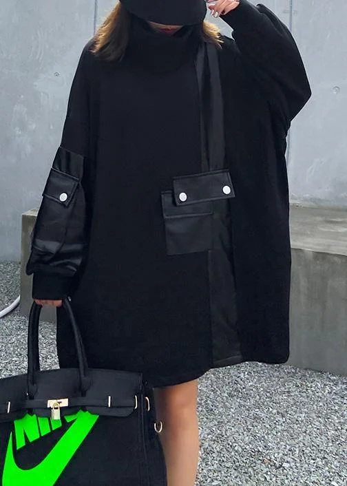 Warm Chic Loose black clothes Women high neck patchwork loose Dress