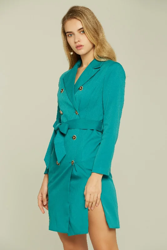 Casual Fit Wear Teal Double Breasted Button-up Blazer Dress