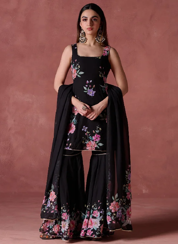 Breezy Outfits Black Floral Printed Georgette Gharara Suit