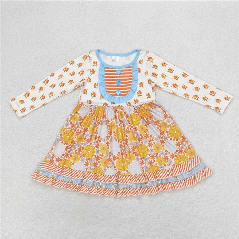 Comfy Layers GLD0531  Baby Girls Fall Pumpkin Ruffle Long Sleeve Knee Length Dresses