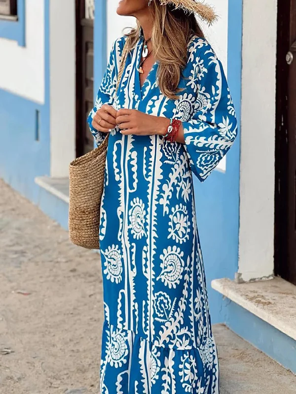 Cozy Apparel Blue Ocean  Printed Boho  Maxi Dress with Half Sleeve
