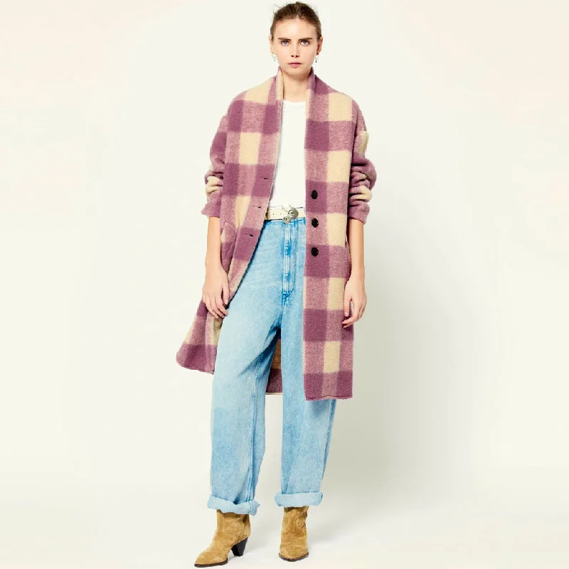 Relaxed Fits Trendy Long Sleeve Single Breasted Wool Blend Check Coat - Rose