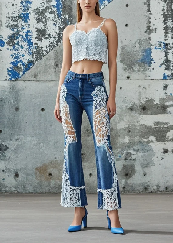 Light Dressing Silm Fit Blue Hollow Out Patchwork Lace Denim Pants Spring