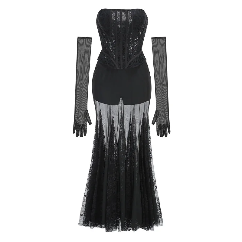 All-Day Outfits Sexy Lace Up Strapless Corset Opera Glove Lace Godet Mesh Pant Matching Set