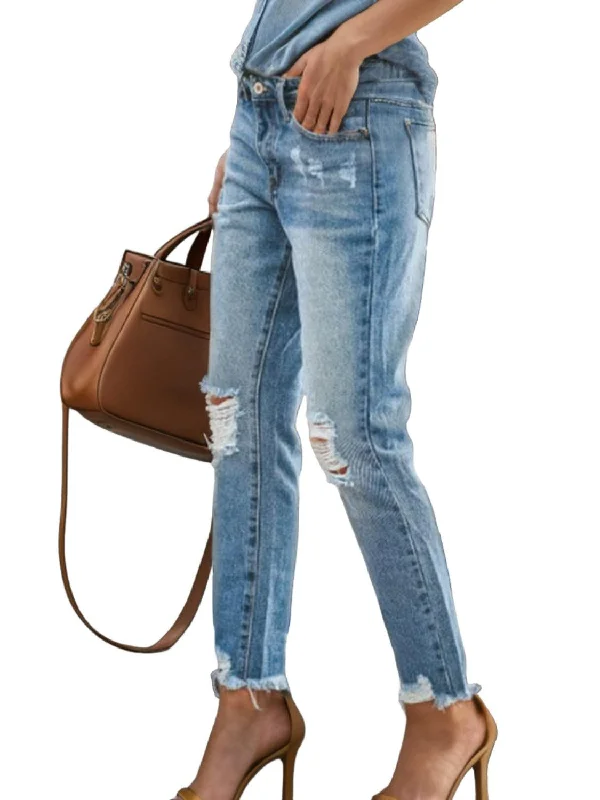 Comfortable Lounge Wear Distressed Raw Hem Jeans with Pockets
