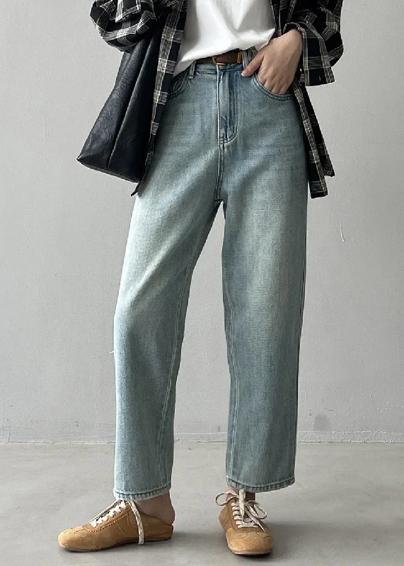 Cozy Outerwear Simple Light Blue High Waist Pockets Denim Straight Pants Spring