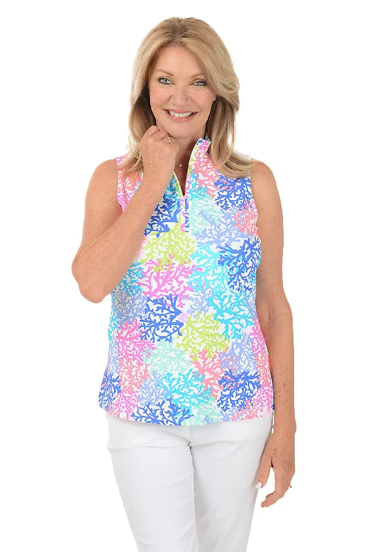 Timeless Style Neon Coral UPF50+ Sleeveless Zip Top