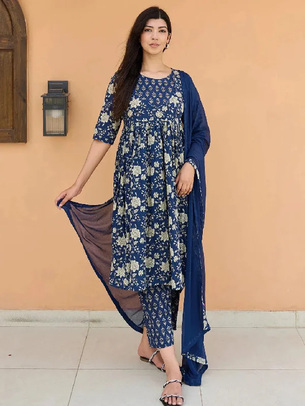 All-Day Style Blue Printed Pure Cotton Anarkali Suit With Dupatta