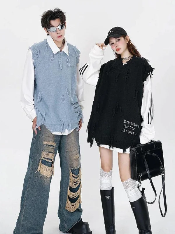 Comfortable Fitwear Ripped Tasseled Sweater Vest