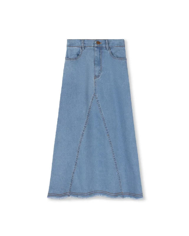 Effortless Looks VIBE BLUE DENIM FRINGE HEM MIDI SKIRT