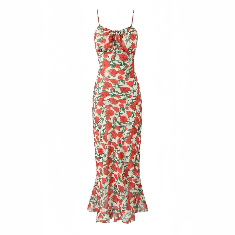 Chic Outfits Sexy Bow Tie Spaghetti Strap Ruffled Chiffon Mermaid Maxi Floral Sundress