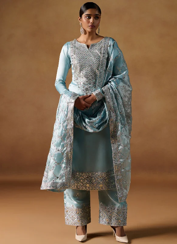 Cozy Essentials Blue Embroidered Tissue Palazzo Suit